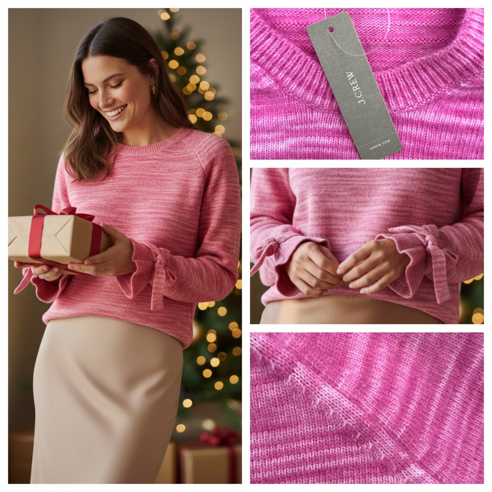 J Crew Pink Marled Sweater Women Alpaca Wool Sweater Tie Cuff Medium Holiday NWT
